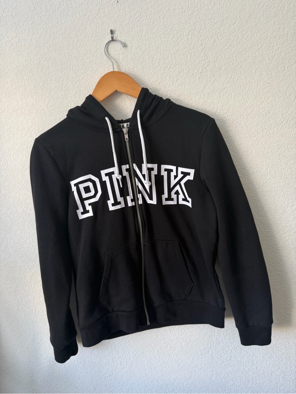 Victoria's Secret PINK Black Zip-Up Hoodie with White Logo